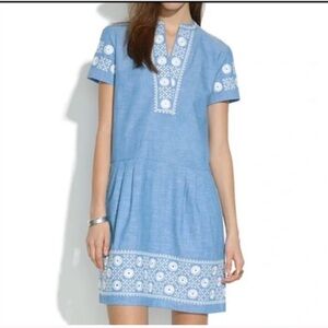 Madewell chambray Blue Short Sleeve Embroidered cotton Dress medium